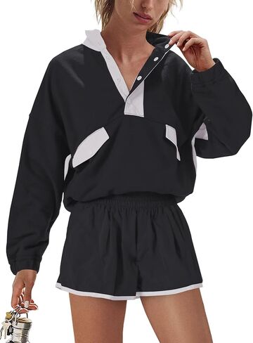 Nirovien Womens 2 Piece Workout Sets Two Piece Outfits Activewear Gym Sets Pullover Sweatshirt And Shorts Set in Saudi Arabia