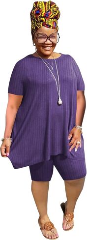 YeGine Women Plus Size 2 Piece Outfits Casual Short Sleeve Tunic Tops Shorts Sets Oversized Summer Sweat Suits Tracksuit in Saudi Arabia
