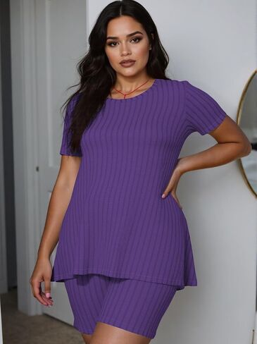 YeGine Women Plus Size 2 Piece Outfits Casual Short Sleeve Tunic Tops Shorts Sets Oversized Summer Sweat Suits Tracksuit in Saudi Arabia