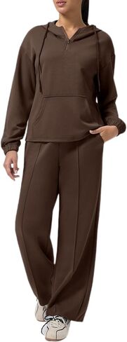 aleumdr women 2 قطعة تعرق غير رسمية طويلة الأكمام نصف zip hoodies والساقين عريضة التعرق مع جيوب in Saudi Arabia