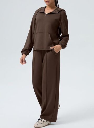 aleumdr women 2 قطعة تعرق غير رسمية طويلة الأكمام نصف zip hoodies والساقين عريضة التعرق مع جيوب in Saudi Arabia