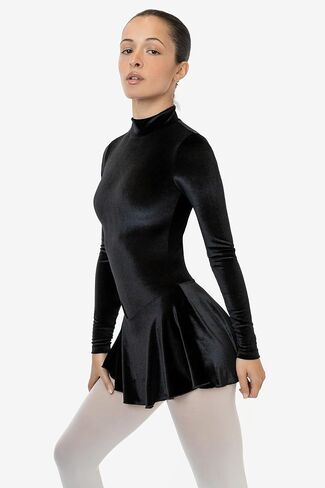 VVT410 Velvet Long Sleeve Mockneck Skirted Leotard, Shiny Stretch Velvet, Made in USA in Kuwait