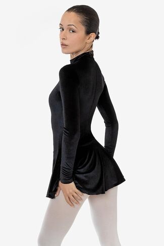 VVT410 Velvet Long Sleeve Mockneck Skirted Leotard, Shiny Stretch Velvet, Made in USA in Kuwait
