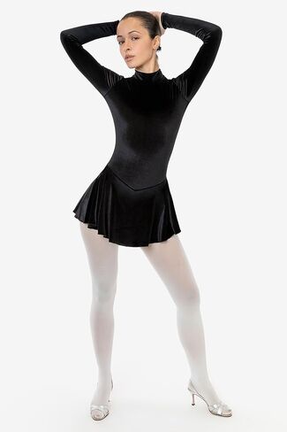 VVT410 Velvet Long Sleeve Mockneck Skirted Leotard, Shiny Stretch Velvet, Made in USA in Kuwait