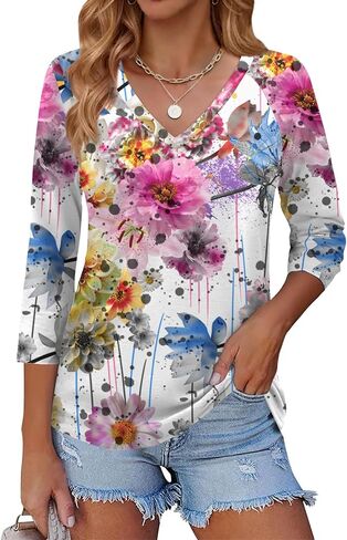 Zeagoo 3/4 Length Sleeve Womens Tops Casual V Neck Shirts Soft Basic Tees Business Work Blouses in Saudi Arabia