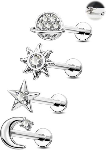 Jewseen 316L Surgical Steel Flat Back Earrings 4PCS 16g Internally Threaded Cartilage Stud Nose Lip Piercing Jewelry Tragus Helix Earrings for Women Men in Saudi Arabia