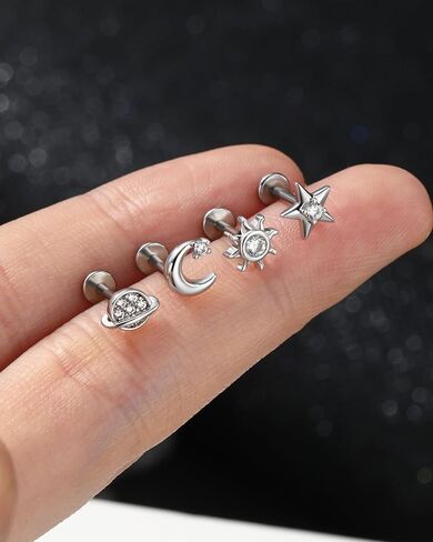 Jewseen 316L Surgical Steel Flat Back Earrings 4PCS 16g Internally Threaded Cartilage Stud Nose Lip Piercing Jewelry Tragus Helix Earrings for Women Men in Saudi Arabia