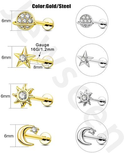 Jewseen 316L Surgical Steel Flat Back Earrings 4PCS 16g Internally Threaded Cartilage Stud Nose Lip Piercing Jewelry Tragus Helix Earrings for Women Men in Saudi Arabia