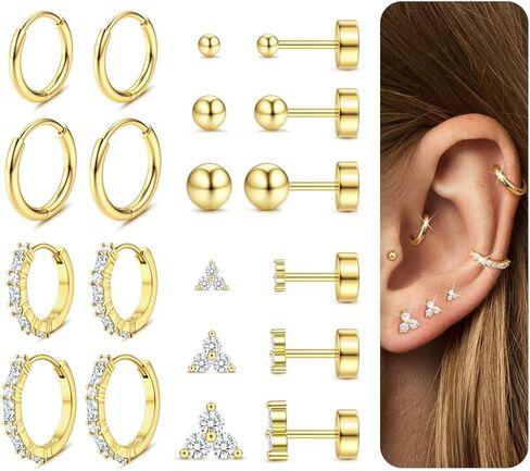 JeryWe Surgical Steel Flat Back Earrings Hypoallergenic 14K Gold Plated Cartilage Earrings for Women Trendy Small Hoop Stud Earring Stacks Flatback Stud Earring Set Helix Conch Tragus Piercing Jewelry in Kuwait