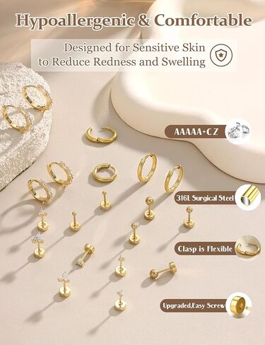 JeryWe Surgical Steel Flat Back Earrings Hypoallergenic 14K Gold Plated Cartilage Earrings for Women Trendy Small Hoop Stud Earring Stacks Flatback Stud Earring Set Helix Conch Tragus Piercing Jewelry in Kuwait