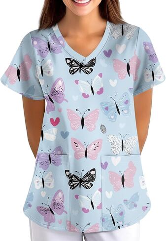 Women Cute Animals Print Workwear V Neck Short Sleeve Shirts Tops Stretch Cozy Plus Size Working Uniform with Pockets, S-5XL in Saudi Arabia