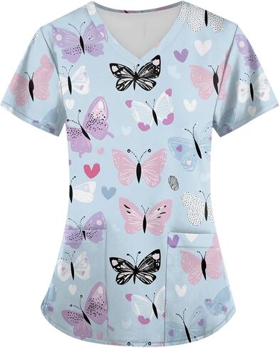 Women Cute Animals Print Workwear V Neck Short Sleeve Shirts Tops Stretch Cozy Plus Size Working Uniform with Pockets, S-5XL in Saudi Arabia