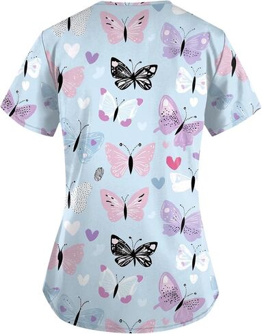 Women Cute Animals Print Workwear V Neck Short Sleeve Shirts Tops Stretch Cozy Plus Size Working Uniform with Pockets, S-5XL in Saudi Arabia