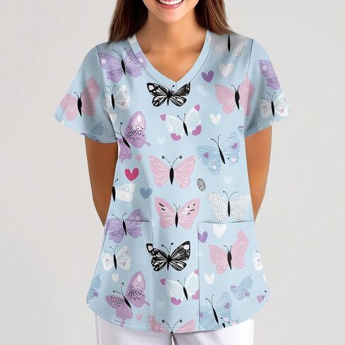 Women Cute Animals Print Workwear V Neck Short Sleeve Shirts Tops Stretch Cozy Plus Size Working Uniform with Pockets, S-5XL in Saudi Arabia