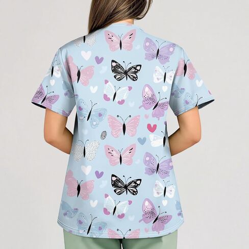 Women Cute Animals Print Workwear V Neck Short Sleeve Shirts Tops Stretch Cozy Plus Size Working Uniform with Pockets, S-5XL in Saudi Arabia