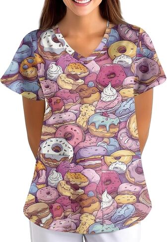 Women Cute Animals Print Workwear V Neck Short Sleeve Shirts Tops Stretch Cozy Plus Size Working Uniform with Pockets, S-5XL in Saudi Arabia
