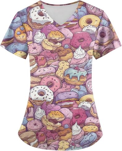 Women Cute Animals Print Workwear V Neck Short Sleeve Shirts Tops Stretch Cozy Plus Size Working Uniform with Pockets, S-5XL in Saudi Arabia