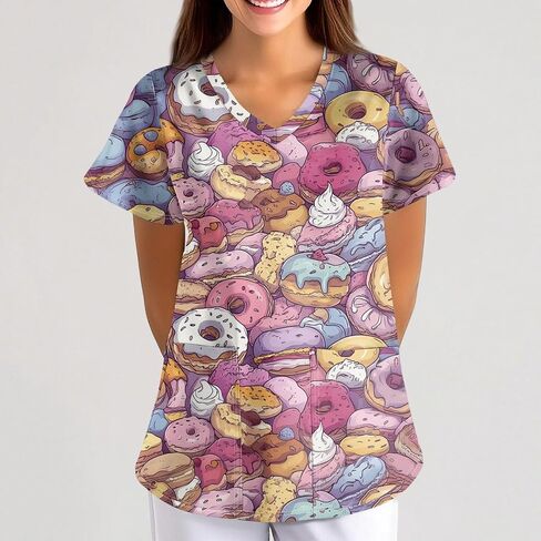 Women Cute Animals Print Workwear V Neck Short Sleeve Shirts Tops Stretch Cozy Plus Size Working Uniform with Pockets, S-5XL in Saudi Arabia