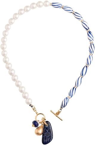 Blue Azure Ceramic and White Glass Pearl Bead Brass Dangle Drop Charm Necklace with Adjustable Extender in Kuwait