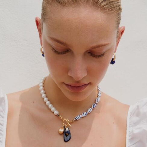 Blue Azure Ceramic and White Glass Pearl Bead Brass Dangle Drop Charm Necklace with Adjustable Extender in Kuwait