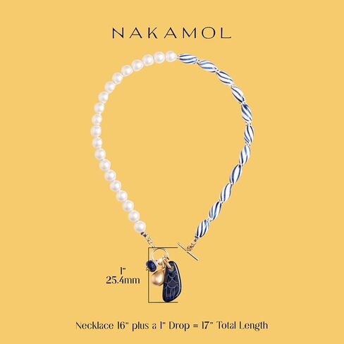 Blue Azure Ceramic and White Glass Pearl Bead Brass Dangle Drop Charm Necklace with Adjustable Extender in Kuwait