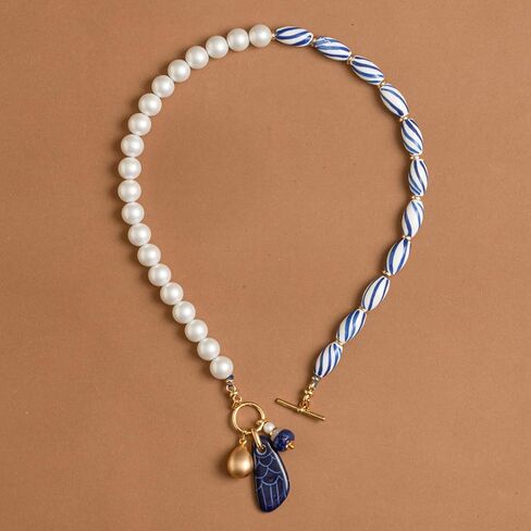 Blue Azure Ceramic and White Glass Pearl Bead Brass Dangle Drop Charm Necklace with Adjustable Extender in Kuwait