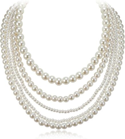 EVER FAITH Vintage Layered Faux Pearls Strand Necklace for Women, 1920s Cosply Themed Party Accessories Multi-Strand Simulated Pearl Bib Collar Statement Necklaces for Prom in Kuwait