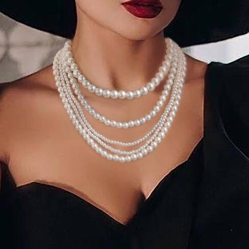EVER FAITH Vintage Layered Faux Pearls Strand Necklace for Women, 1920s Cosply Themed Party Accessories Multi-Strand Simulated Pearl Bib Collar Statement Necklaces for Prom in Kuwait