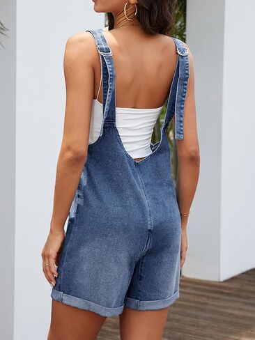 ELLEVEN Women's Summer Denim Overall Shorts Romper – Loose Fit with Large Front Pockets in Saudi Arabia