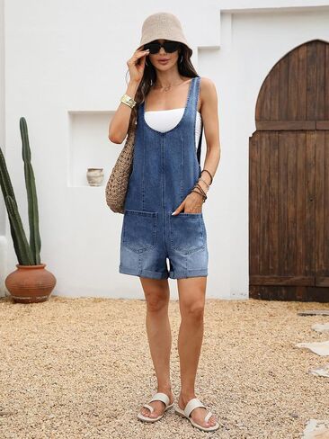 ELLEVEN Women's Summer Denim Overall Shorts Romper – Loose Fit with Large Front Pockets in Saudi Arabia