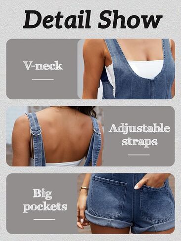 ELLEVEN Women's Summer Denim Overall Shorts Romper – Loose Fit with Large Front Pockets in Saudi Arabia