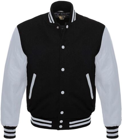 Men's Varsity Letterman Black Wool & Genuine Tewelve Colour Leather Sleeves Bomber Style Baseball Jacket in Saudi Arabia