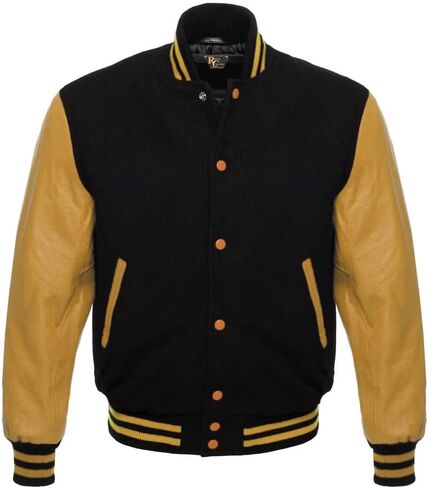 Men's Varsity Letterman Black Wool & Genuine Tewelve Colour Leather Sleeves Bomber Style Baseball Jacket in Saudi Arabia