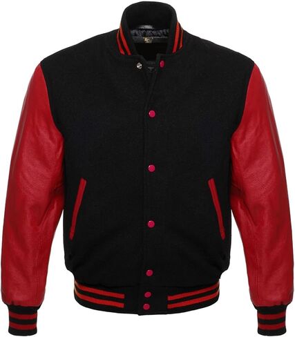 Men's Varsity Letterman Black Wool & Genuine Tewelve Colour Leather Sleeves Bomber Style Baseball Jacket in Saudi Arabia