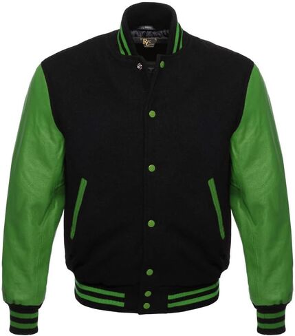 Men's Varsity Letterman Black Wool & Genuine Tewelve Colour Leather Sleeves Bomber Style Baseball Jacket in Saudi Arabia