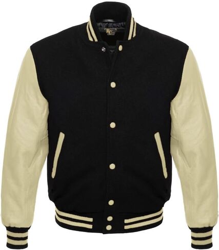 Men's Varsity Letterman Black Wool & Genuine Tewelve Colour Leather Sleeves Bomber Style Baseball Jacket in Saudi Arabia