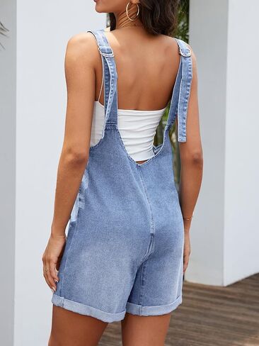ELLEVEN Women's Summer Denim Overall Shorts Romper – Loose Fit with Large Front Pockets in Saudi Arabia