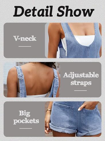 ELLEVEN Women's Summer Denim Overall Shorts Romper – Loose Fit with Large Front Pockets in Saudi Arabia