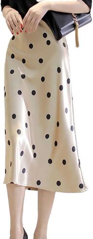 Women's Polka Dot Silk Midi Skirt - 19 Momme Mulberry Crepe de Chine, A-Line for Wedding/Office in Kuwait