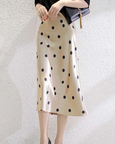 Women's Polka Dot Silk Midi Skirt - 19 Momme Mulberry Crepe de Chine, A-Line for Wedding/Office in Kuwait