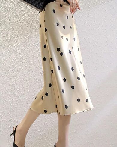 Women's Polka Dot Silk Midi Skirt - 19 Momme Mulberry Crepe de Chine, A-Line for Wedding/Office in Kuwait