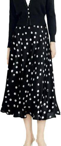 Women's Polka Dot Silk Midi Skirt - 19 Momme Mulberry Crepe de Chine, A-Line for Wedding/Office in Kuwait