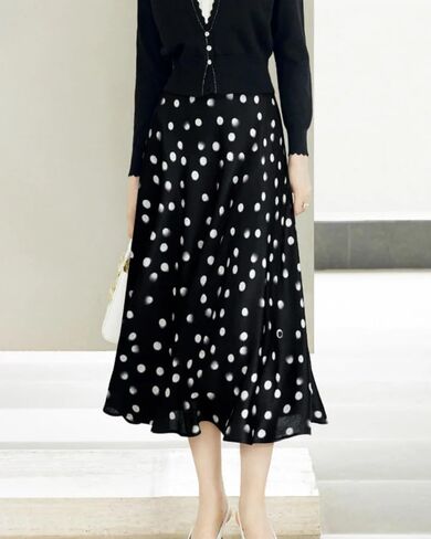 Women's Polka Dot Silk Midi Skirt - 19 Momme Mulberry Crepe de Chine, A-Line for Wedding/Office in Kuwait