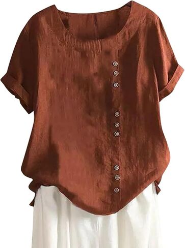 Linen Button Down Shirt Women Summer Casual Short Sleeve Crewneck Blouse Cotton Gauze Tops for Womens in Saudi Arabia