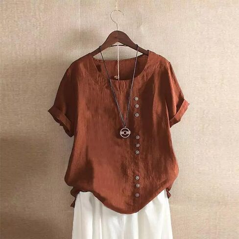 Linen Button Down Shirt Women Summer Casual Short Sleeve Crewneck Blouse Cotton Gauze Tops for Womens in Saudi Arabia