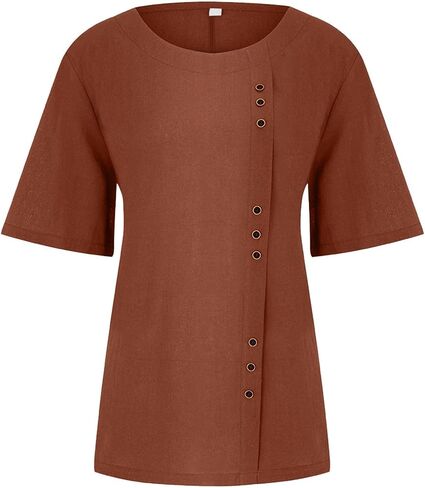 Linen Button Down Shirt Women Summer Casual Short Sleeve Crewneck Blouse Cotton Gauze Tops for Womens in Saudi Arabia
