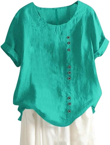 Linen Button Down Shirt Women Summer Casual Short Sleeve Crewneck Blouse Cotton Gauze Tops for Womens in Saudi Arabia