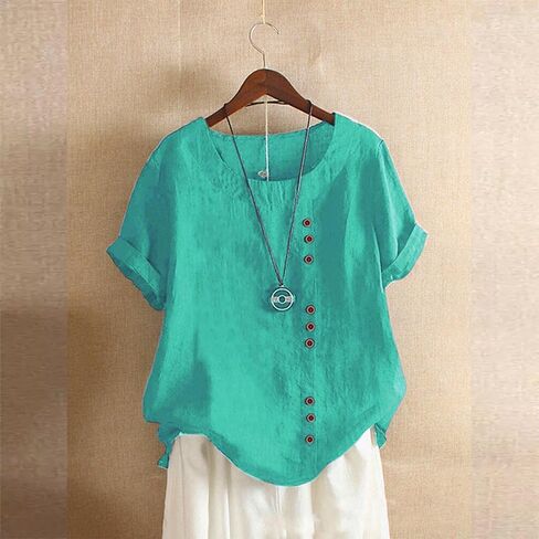 Linen Button Down Shirt Women Summer Casual Short Sleeve Crewneck Blouse Cotton Gauze Tops for Womens in Saudi Arabia