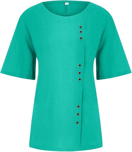 Linen Button Down Shirt Women Summer Casual Short Sleeve Crewneck Blouse Cotton Gauze Tops for Womens in Saudi Arabia