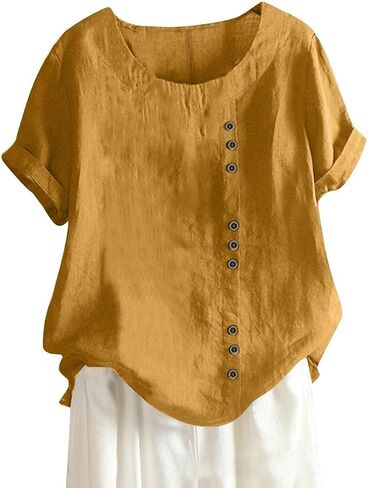 Linen Button Down Shirt Women Summer Casual Short Sleeve Crewneck Blouse Cotton Gauze Tops for Womens in Saudi Arabia